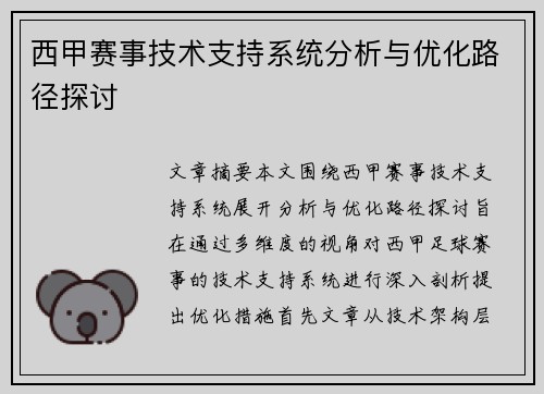 西甲赛事技术支持系统分析与优化路径探讨