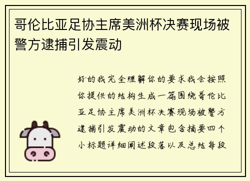 哥伦比亚足协主席美洲杯决赛现场被警方逮捕引发震动