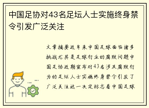 中国足协对43名足坛人士实施终身禁令引发广泛关注 中国足协对43名足坛人士实施终身禁令引发广泛关注